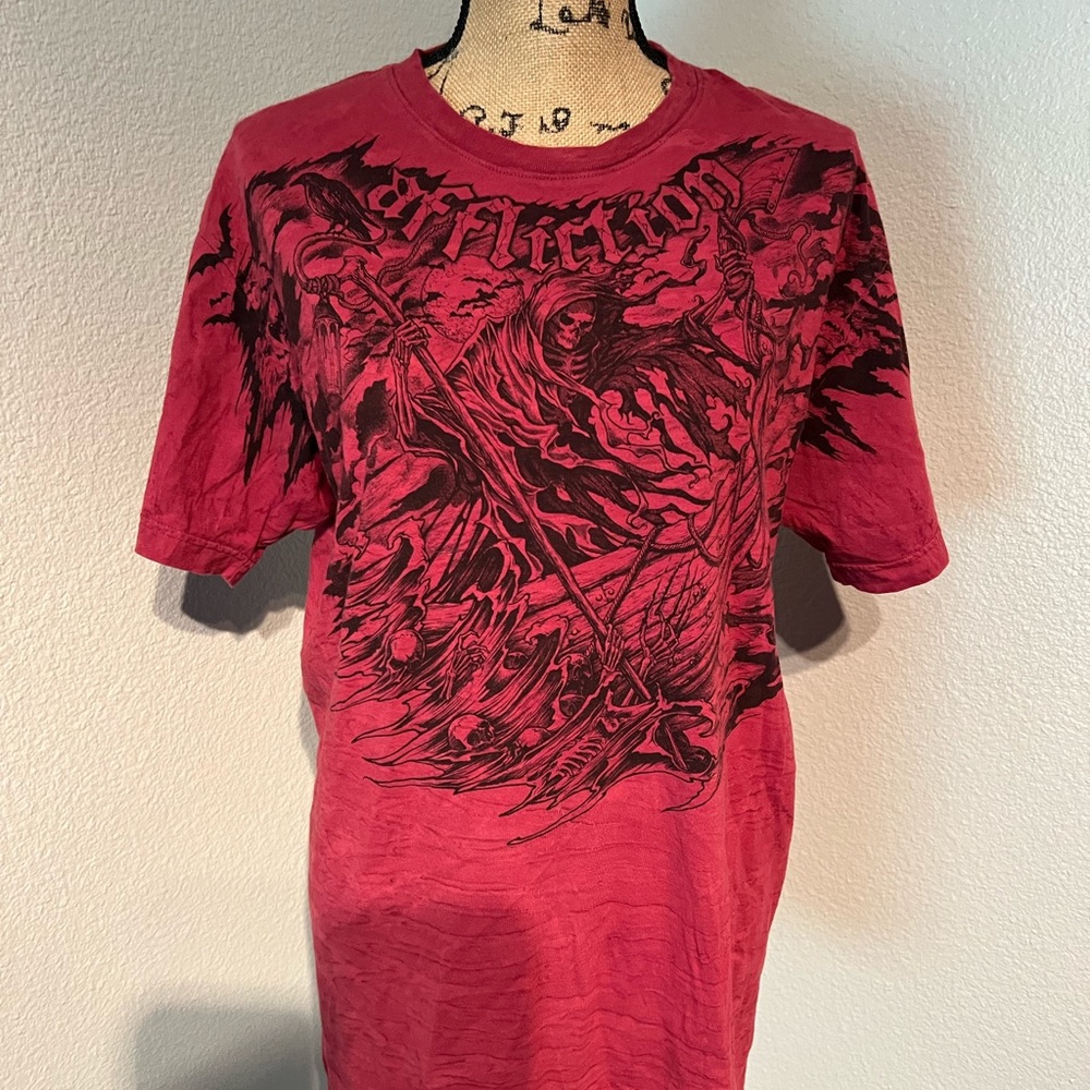 Affliction River Styx Hades Grim Reaper Skeleton Ferryman Boat Mens T-Shirt Red